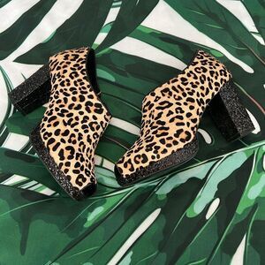 Shoes of Prey brown and black animal print booties with sparkle heels